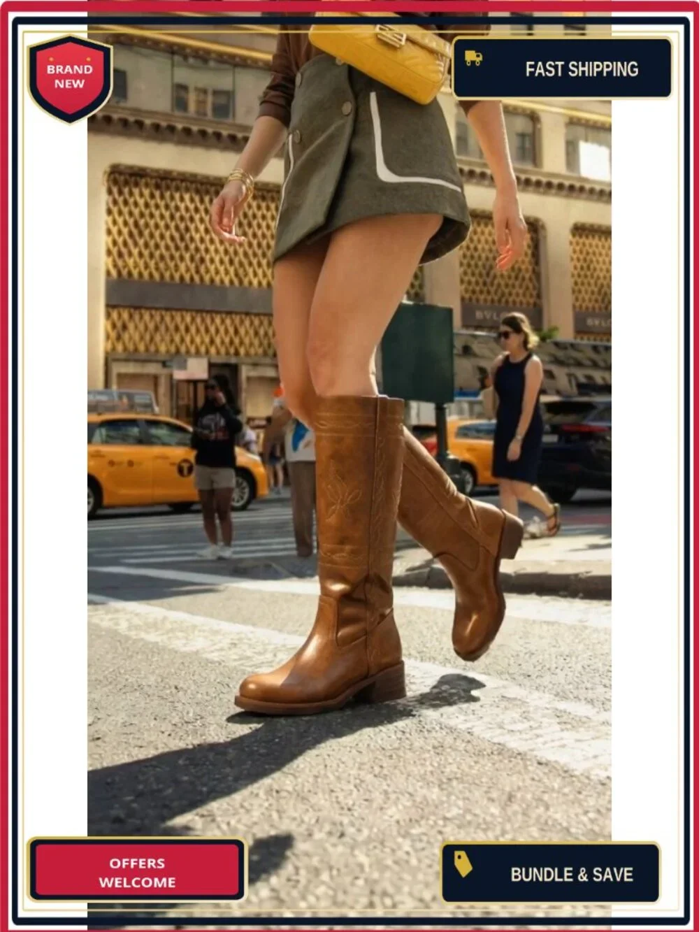 Women's Knee High Boots Square Toe Pull-On Faux Leather Vintage Western